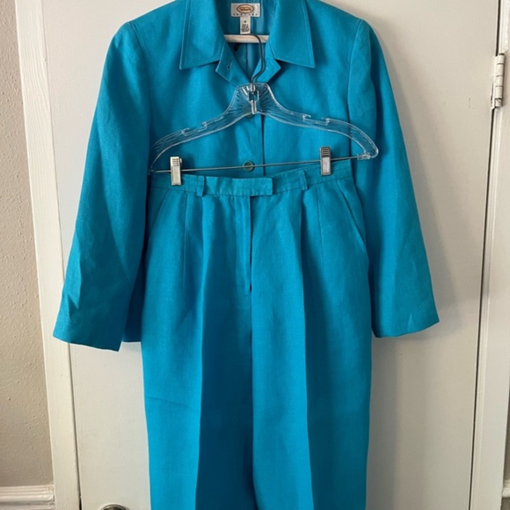 Talbots Linen 3 Piece Suit Set Teal Blazer Skirt Pants Petite